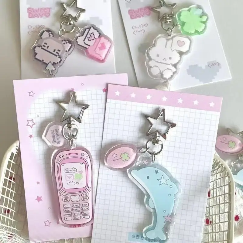 1Pcs New Cute Pixel Bunny Acrylic Mini Keychain Creative Backpack Bag Charm Pendant Decorative Gift For Best Friend And Bestie