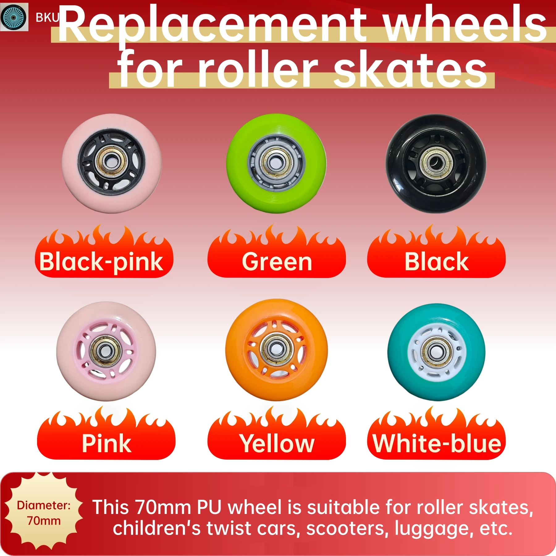

2- pack 70mm PU roller skate replacement wheels, fit for ice skates, scooters, luggage, skateboards, baby strollers.