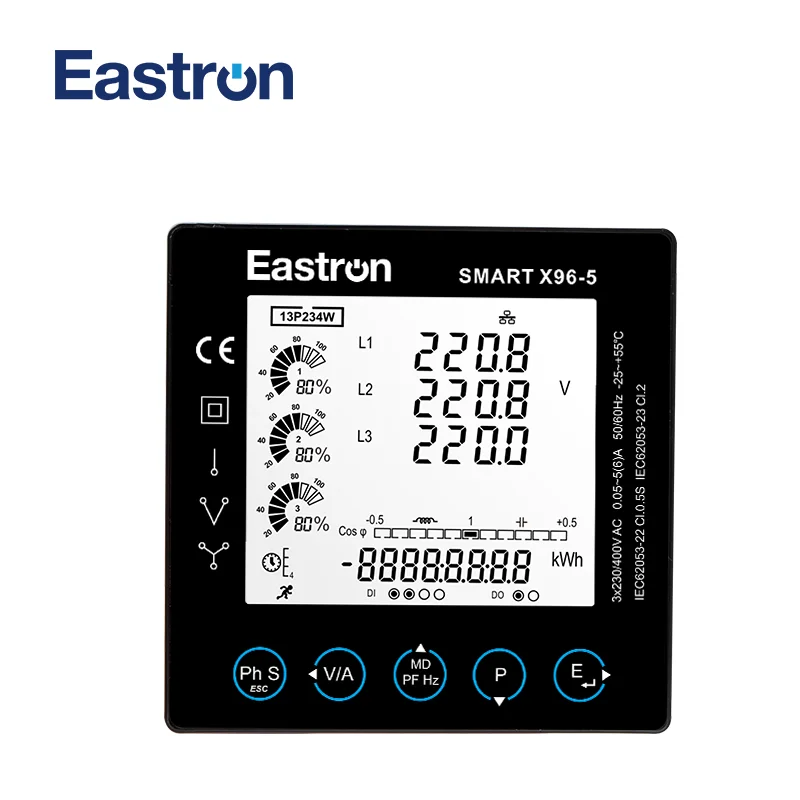 Medidor de energia inteligente com painel trifásico, com modbus, medição de kwh, kvarh, kw, kvar, kva, p, pf, hz, dmd, v, a, thd