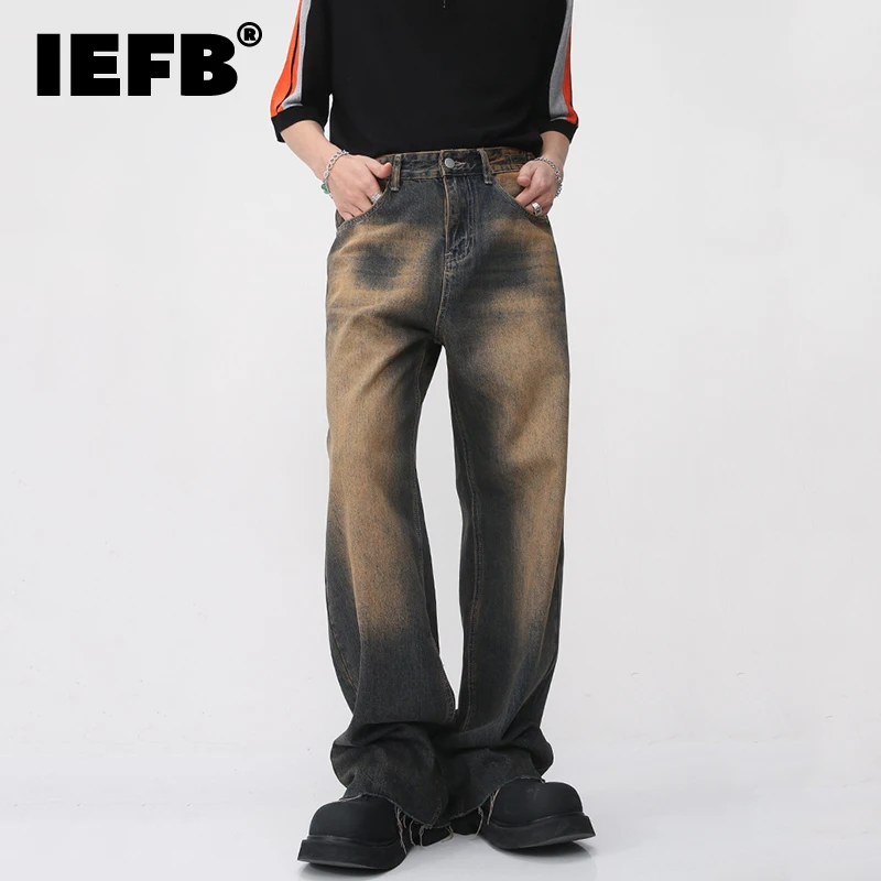 

IEFB Vintage Men's Burrs Jeans Summer New Gradient Color Straight Denim Pants High Street Męskie spodnie z szerokimi nogawkami 9A8628