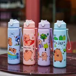 Capybara Large Capacity School Kids Ecofriendly Plastic Water Bottle Cartoon Capybara Children Outdoor Straw Cup
