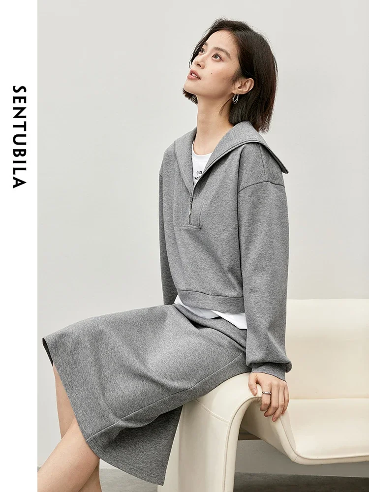 SENTUBILA Women Sweatshirts and Skirt 2 Piece Set 2024 Autumn Cozy Casual Outfits 2 in 1 Top Slit Skirts Matching Set 143Z55328