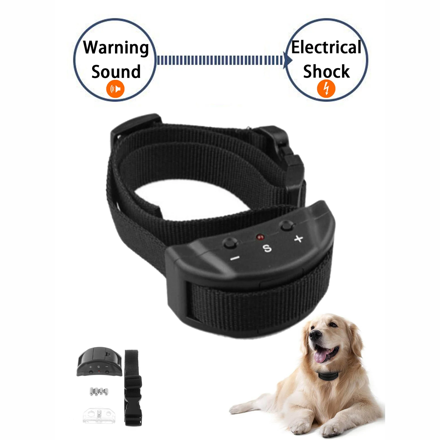 

Anti-bark training collar Audible warning and electric shock warning Adjustable shock strength Safe pet anti-barking device
