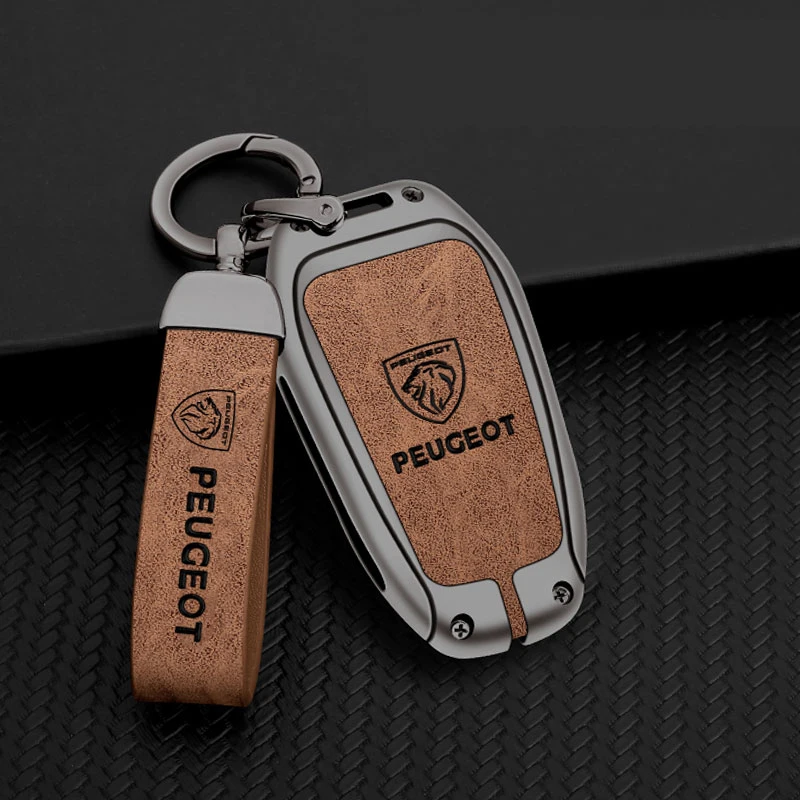 Lederen Zine Legering Auto Smart Key Case Shell Cover Protector Fob Voor Peugeot 308 408 508 2008 3008 4008 5008 Sleutelhanger Accessoires