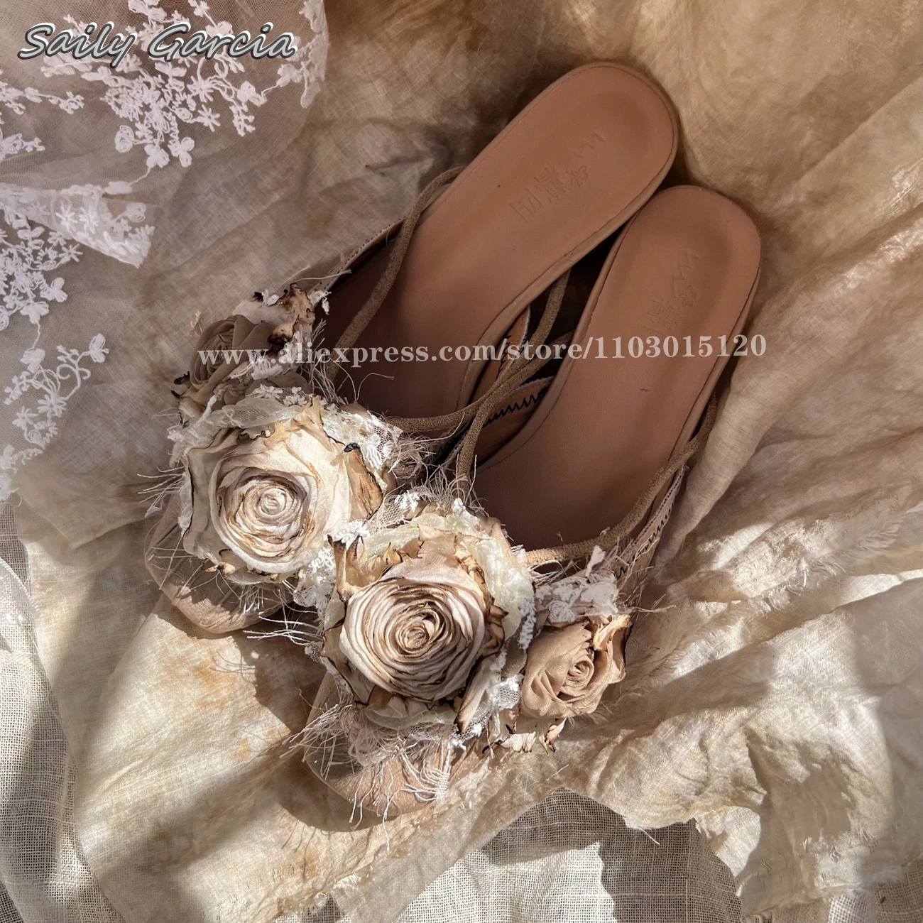 

Round Toe Lace Dried Rose Shallow Slip On Slippers 2024 Summer All-Match Bohemia Style Slides Original Design Handmade Slippers