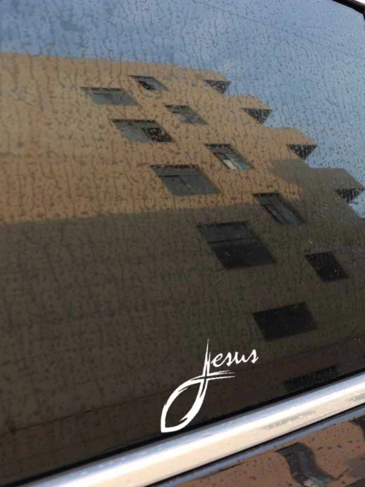 Classic JESUS CURSIVE CROSS CHRISTIAN FISH VINYL DECAL CAR STICKER  13.4CM*11.3CM