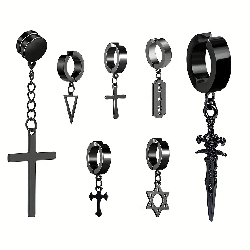2pcs Fashionable Stainless Steel No Ear Holes Cross Ear Clip Non-Piercing Tassel Star Blade Earrings Jewelry for Men Women