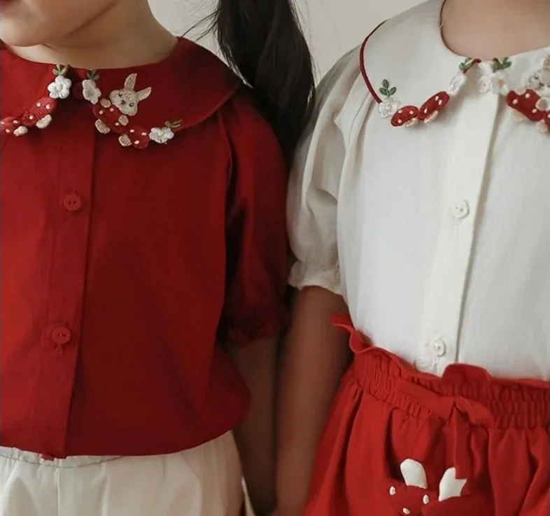 

Girls Three-dimensional Embroidered Lapel Shirt 2024 Autumn Fungus Flower Blooming Pleated Cuffs Casual Doll Collar Top