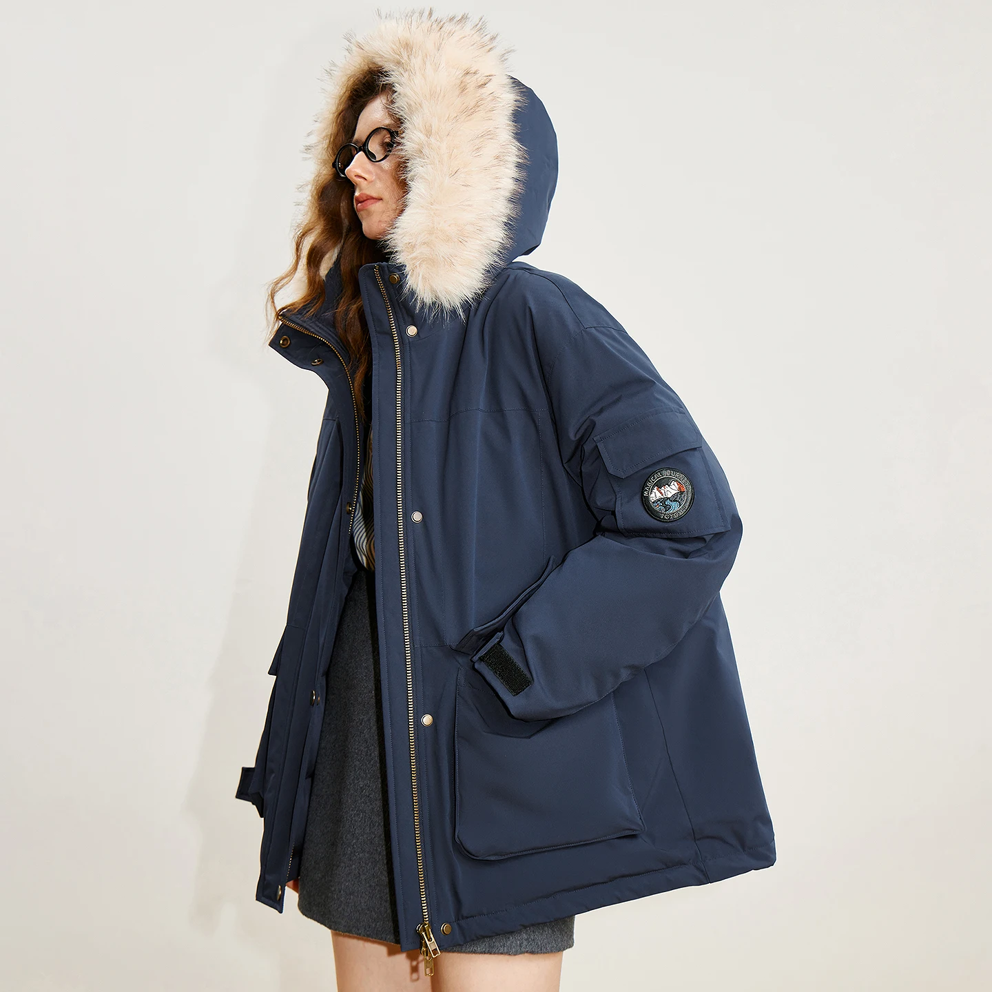 TOYOUTH Vrouwen 90% Donsjack 2025 Winter Nieuwe bontkraag Capuchon Grote Zak Werkkleding Stijl Outdoor Warme Jas Jas