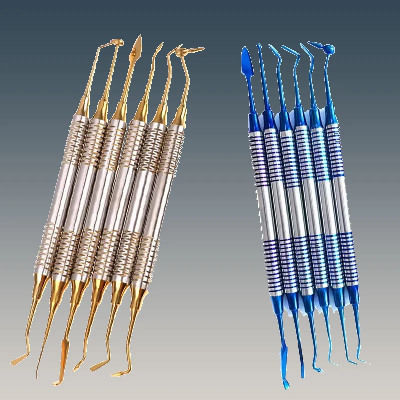 

6 шт., набор стоматологических композитных шпателей с титановым покрытием, толстая ручка для наполнения смолы, реставрации, лабораторных инструментов, стоматолога