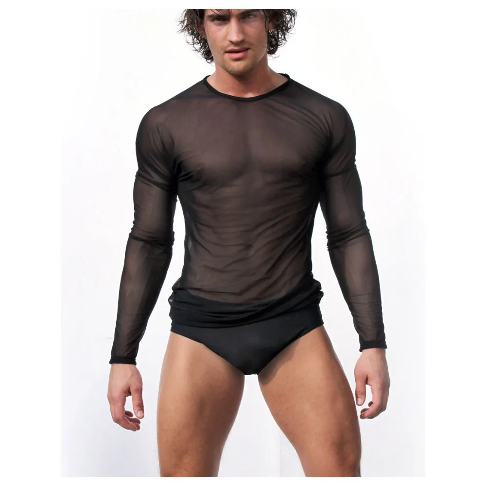 Mens Lace Fishing Net Long-sleeved T-shirt Gym Male Exotic Tank Tops Night Club Vest Men Mesh Transparent Sexy Bottoming Shirt