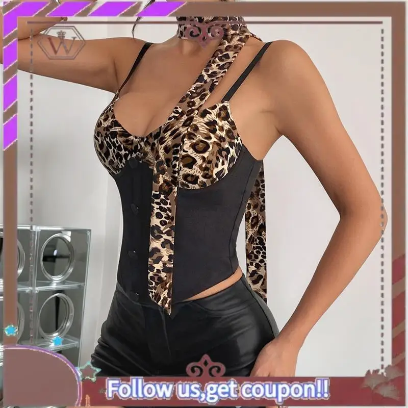 A95D-Women's Leopard Print Contrast Halter Crop Top, Deep V Neck, Button Closure, Sleeveless, Open Back Tank Top
