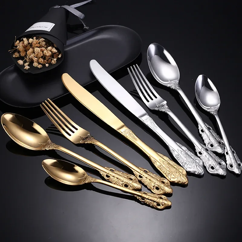 4/5PCS Palace Series 304 Stainless Steel Cutlery Set Wedding Table Decoration Gold Covered Knife Spoon Fork Dinnerware Kitchen