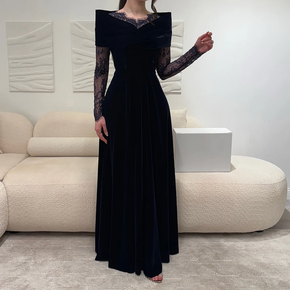 

Customized A-line Evening Dresses Floor-length O-neck Full Sleeve Prom Gown Fashion Lace Simple Draped Casual Party Gown