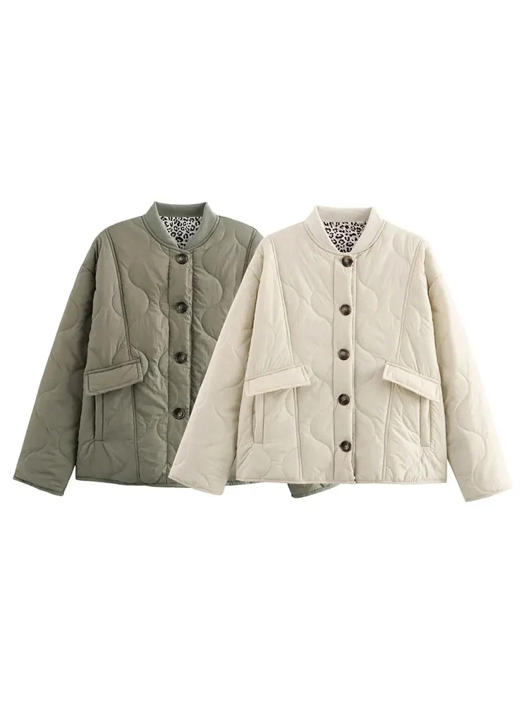 HH 2025 Chaqueta de algodón forrada con estampado de leopardo para mujer, Parkas Retro acolchadas con cuello redondo y un solo pecho, prendas de vestir exteriores elegantes para mujer