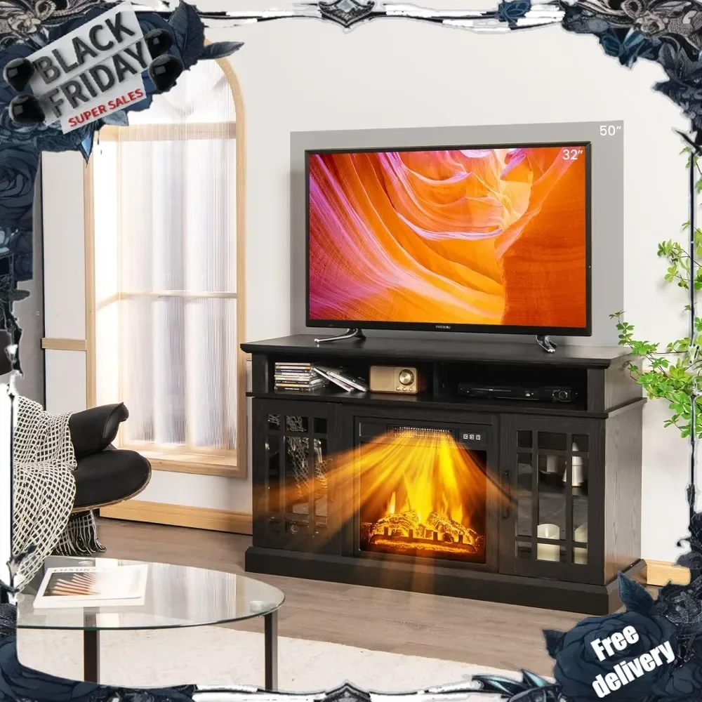 Modern 48 Inch Electric Fireplace TV Stand, TV Console for TVs with 18 Inch Fireplace up to 55 Inch with 2 Open Shelves