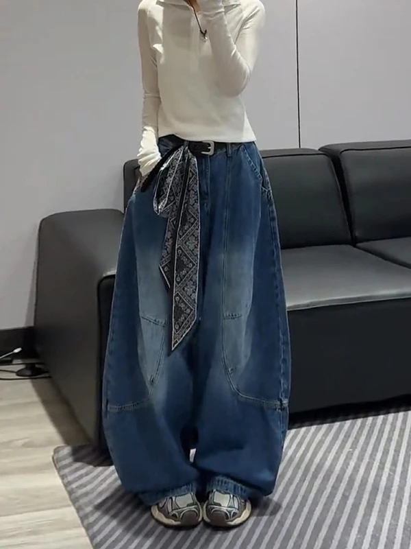 

Retro High Waist Draped Denim Pants Women's plus Size High Street Style Spring Autumn Loose Wide Leg Knife Pants