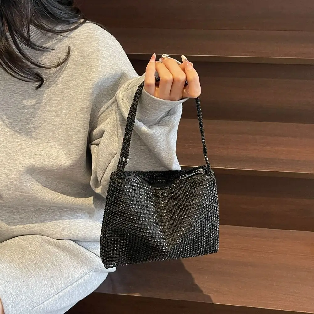 

Fashion Large Capacity Rhinestone Handbag Zipper Blingbling Small Square Bag Purse Shiny Cloth Shoulder Bag Women