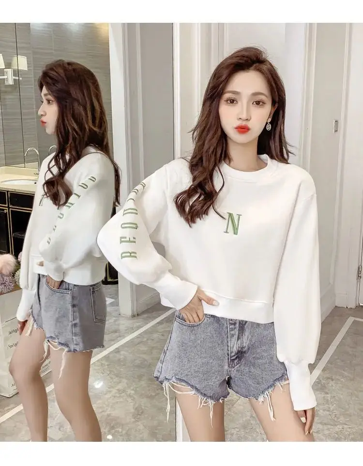 Winter Solid Color Embroidered Letter Short Pullover Sweatshirts Women New High-quality Long Sleeve O-collar All-match Top 2022