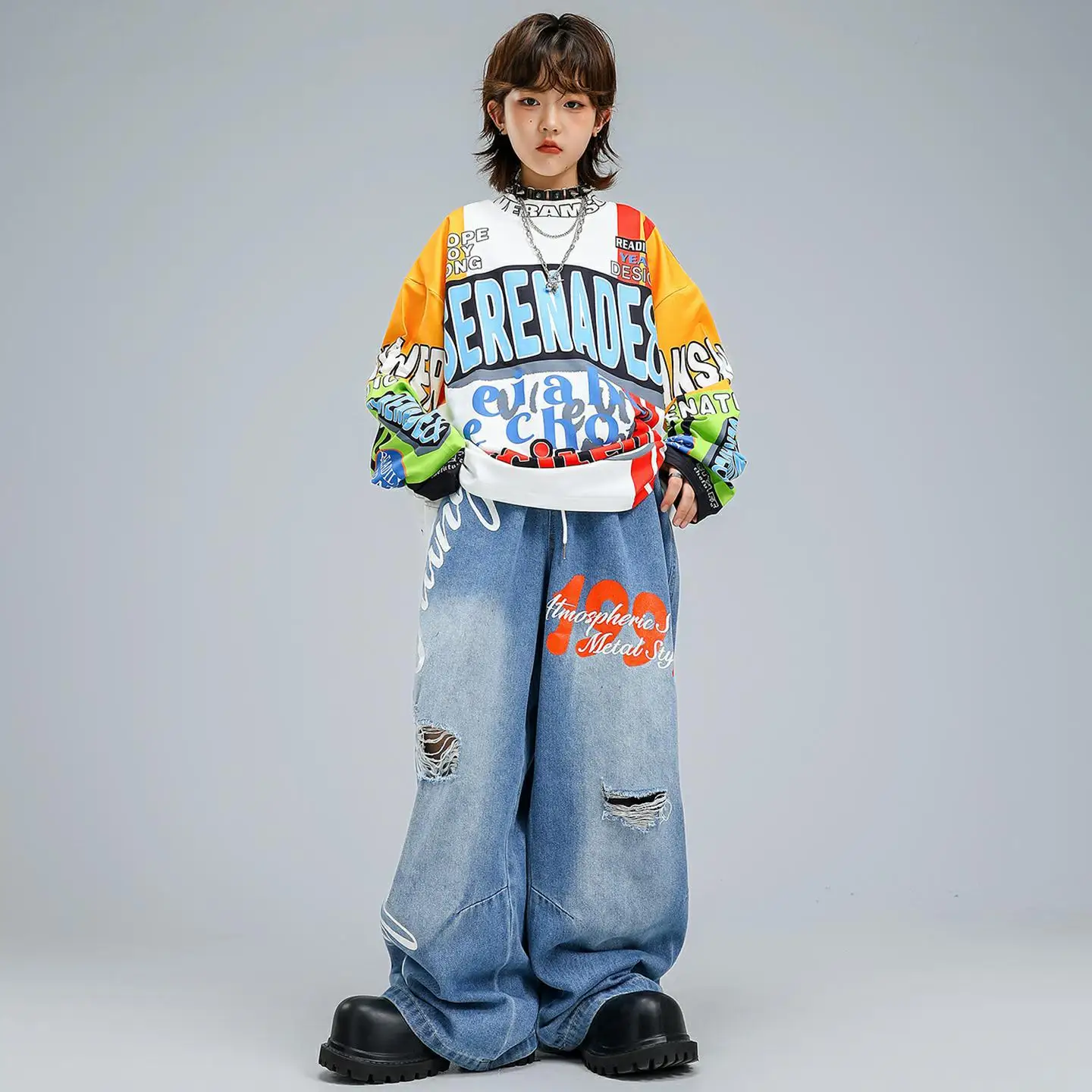 

Kid Kpop Hip Hop Clothing White Yellow Print Sweatshirt Denim Blue Ripped Baggy Jeans Pants for Girl Boy Dance Costume Clothes