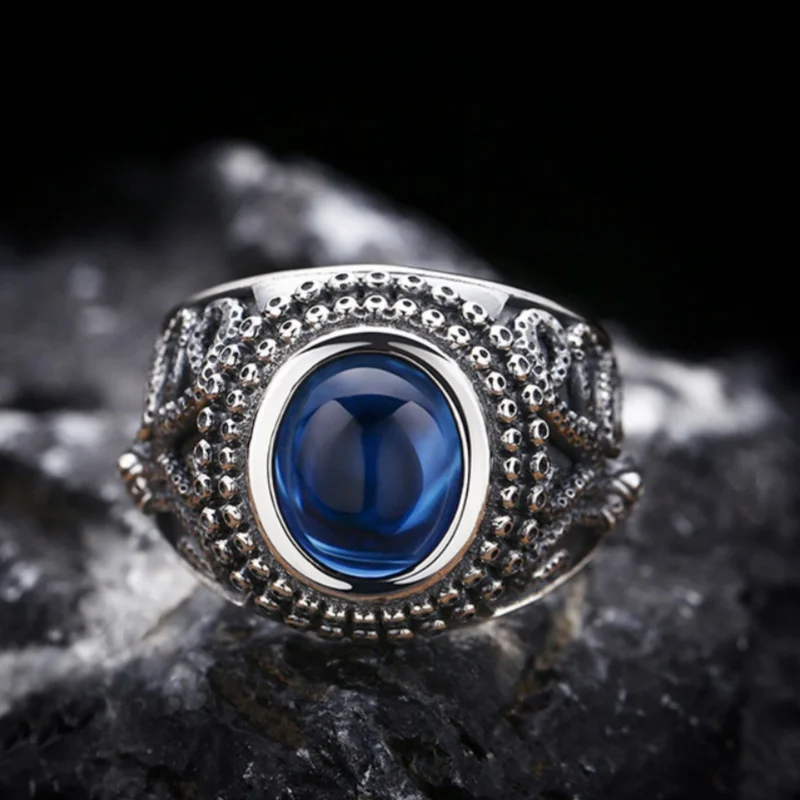 Genuine S925 Sterling Silver Rings for Women Men New Fashion Relief Octopus Inlaid Blue Zircon Punk Jewelry Wholesale