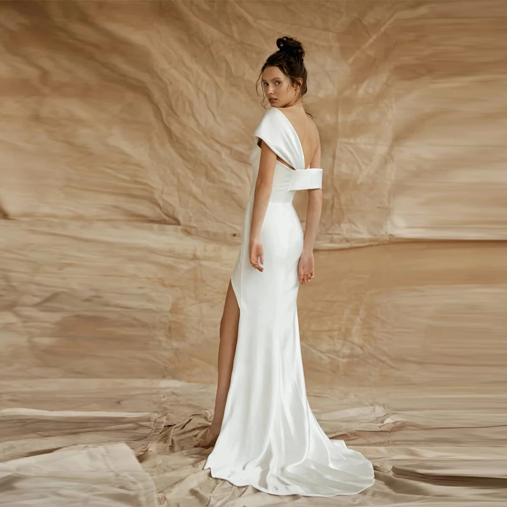 

Customised Long Satin Wedding Dresses Sheath Off-the-shoulder Engagement Gown One-shoulder Side Split Pleat Bridal Gownvias