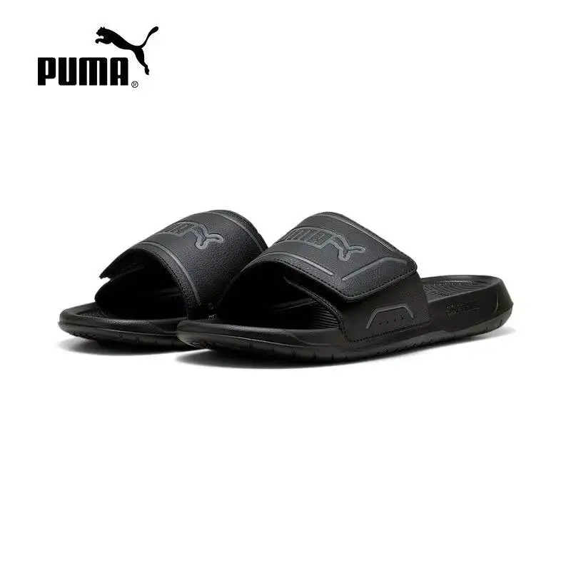 2026 PUMA Men Slide Sandals 400338-01 Black Dark Grey Adjustable Strap 3D Logo EVA Soft Comfort Beach Shower Slippers