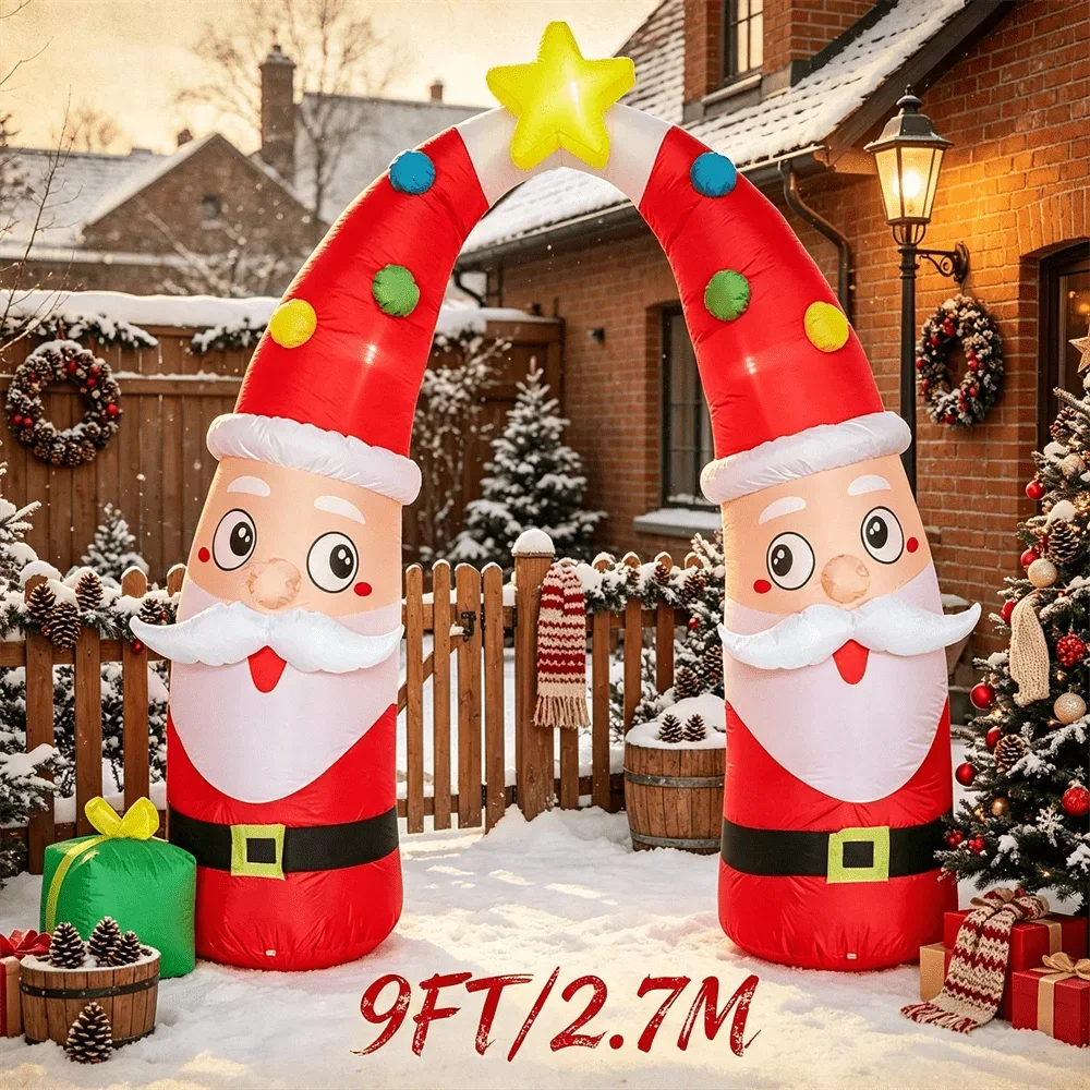 9FT/2.7M Christmas Inflatable Archway with LED Light Up Double Santa Arch Inflatable Outdoor Yard Xmas Ornament