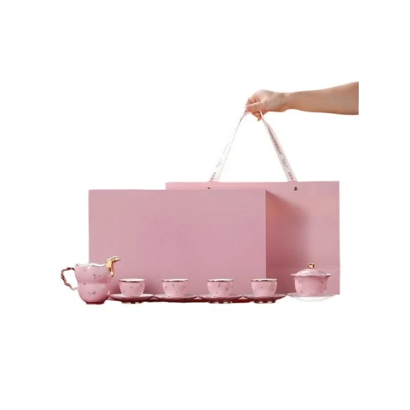 Ceramic pink tea set high-end special three-talent gaiwan gift box
