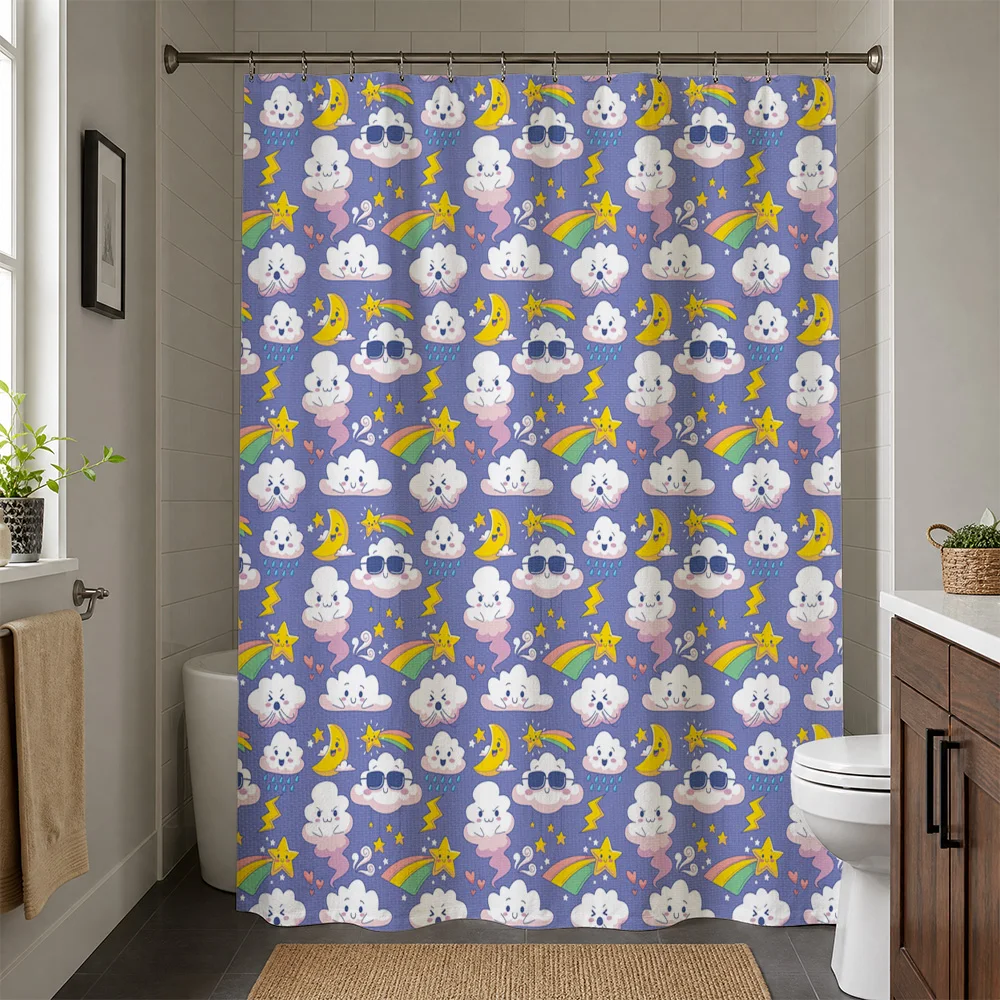 Cute Cloud Rainbow Shower Curtain Kids Bathroom Decor Waterproof Shower Liner Nursery Whimsical Bath Home Decor Accessories