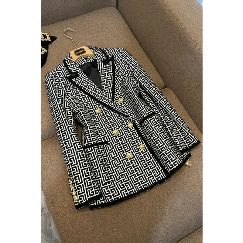 

Vintage Jacket for Women Newest 2024Trimmed Double Breasted Geometric Jacquard Coat Office Ladies Business Formal Blazers