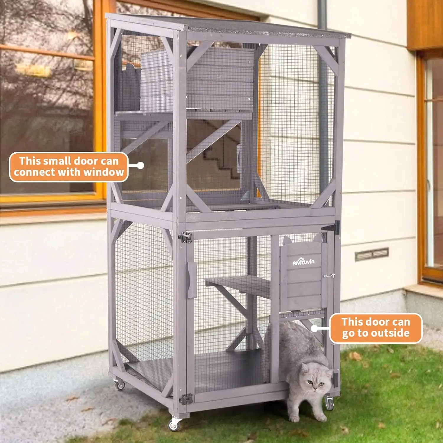 Cat Catio Kitty House Outdoor and Indoor Run Large Wooden Cat Enclosure on Wheels 70.9