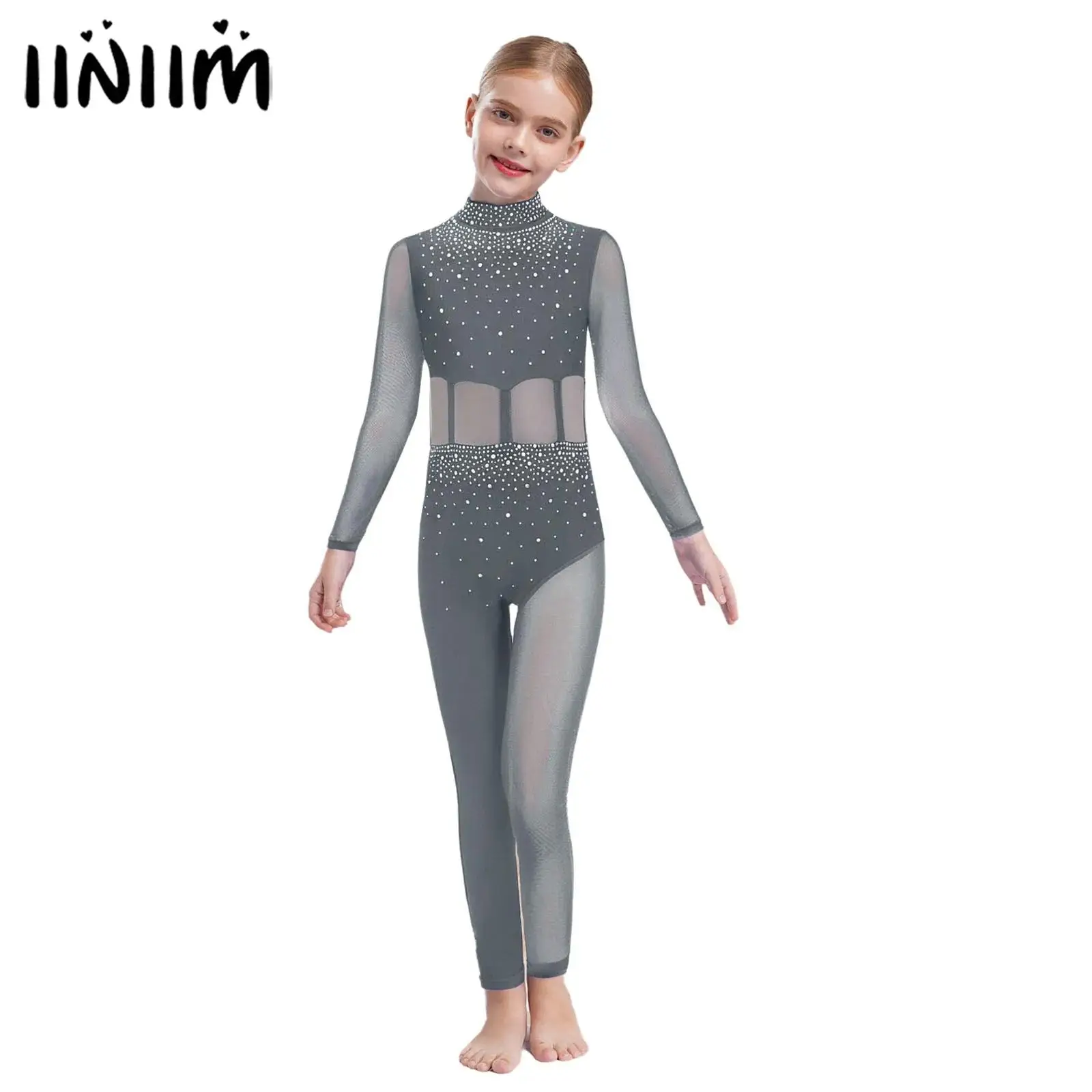

Kids Girls Sparkly Rhinestones Ballet Jersey Gymnastics Figure Skating Unitards Costume Sheer Mesh Full Body Leotard Bodysuit