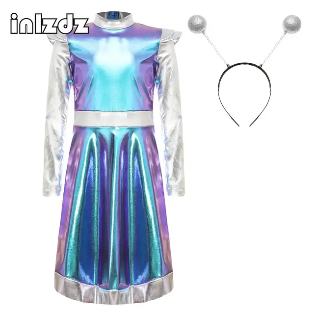 Strój dla dziewczynki: kosmita, robot, astronauta, długi rękaw, błyszczący, metaliczny, przebranie na Halloween, cosplay, fantazyjny strój z opaską na włosy.