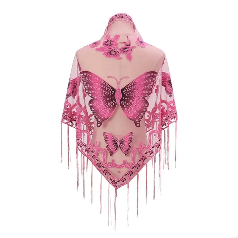 Lace Triangle Scarf Formal Shawls And Wrap For Evening Dresses Butterfly Embroidered Shawl Sheer Shawl With Fringe