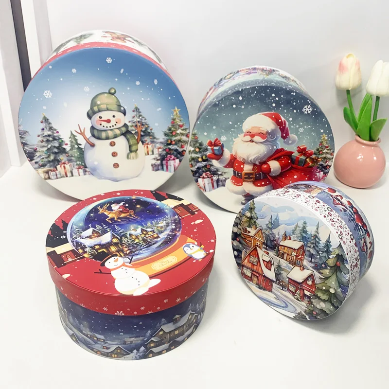 

4PCS Christmas Round Gift Boxes Candy Cookie Packaging Box Christmas Party Gift Box Christmas Decoration Store Display Box S025