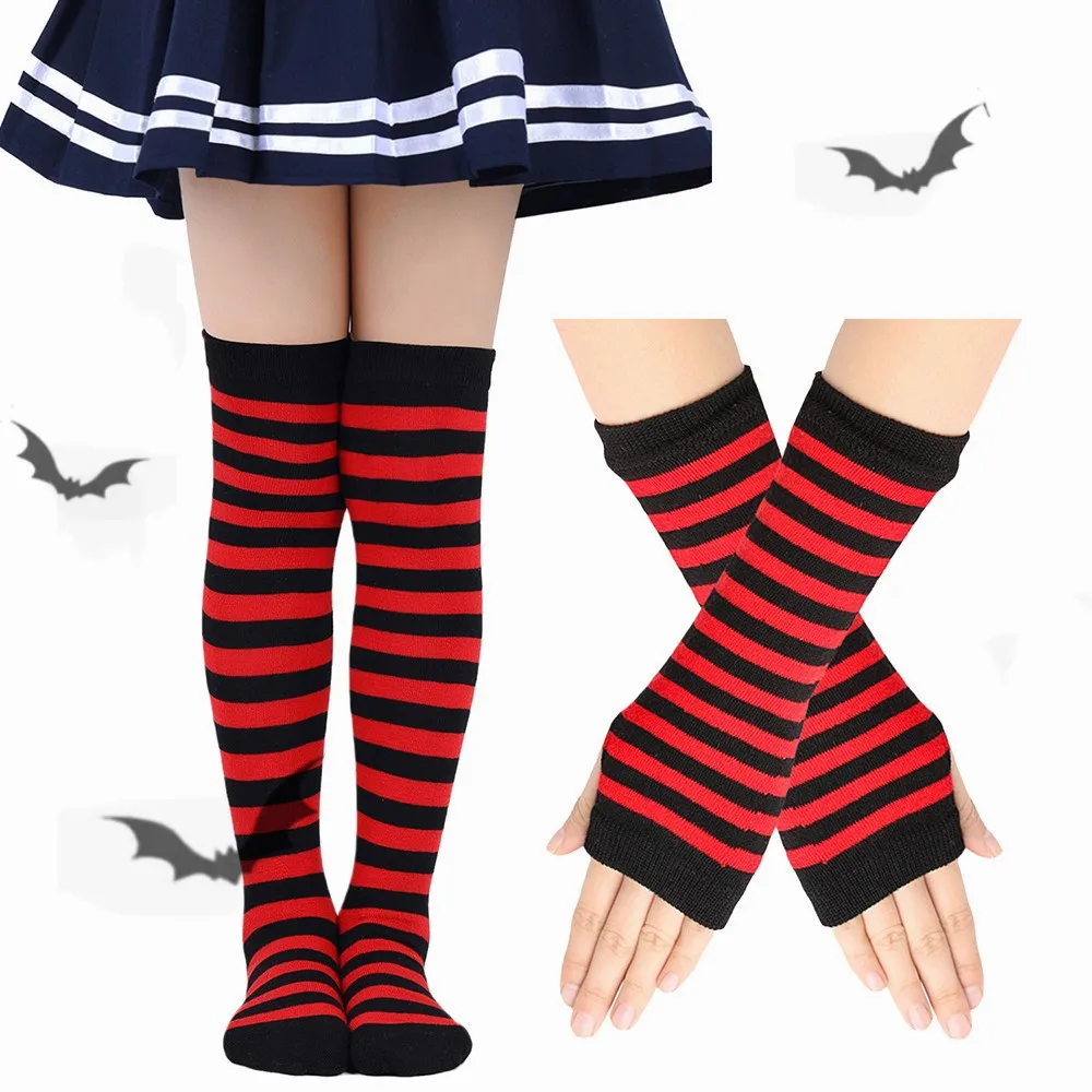 Boys Girls Striped Over Knee High Socks Japanese Style Emo Striped Stockings Children Cosplay Perform Stockings Warm Gloves XMAS