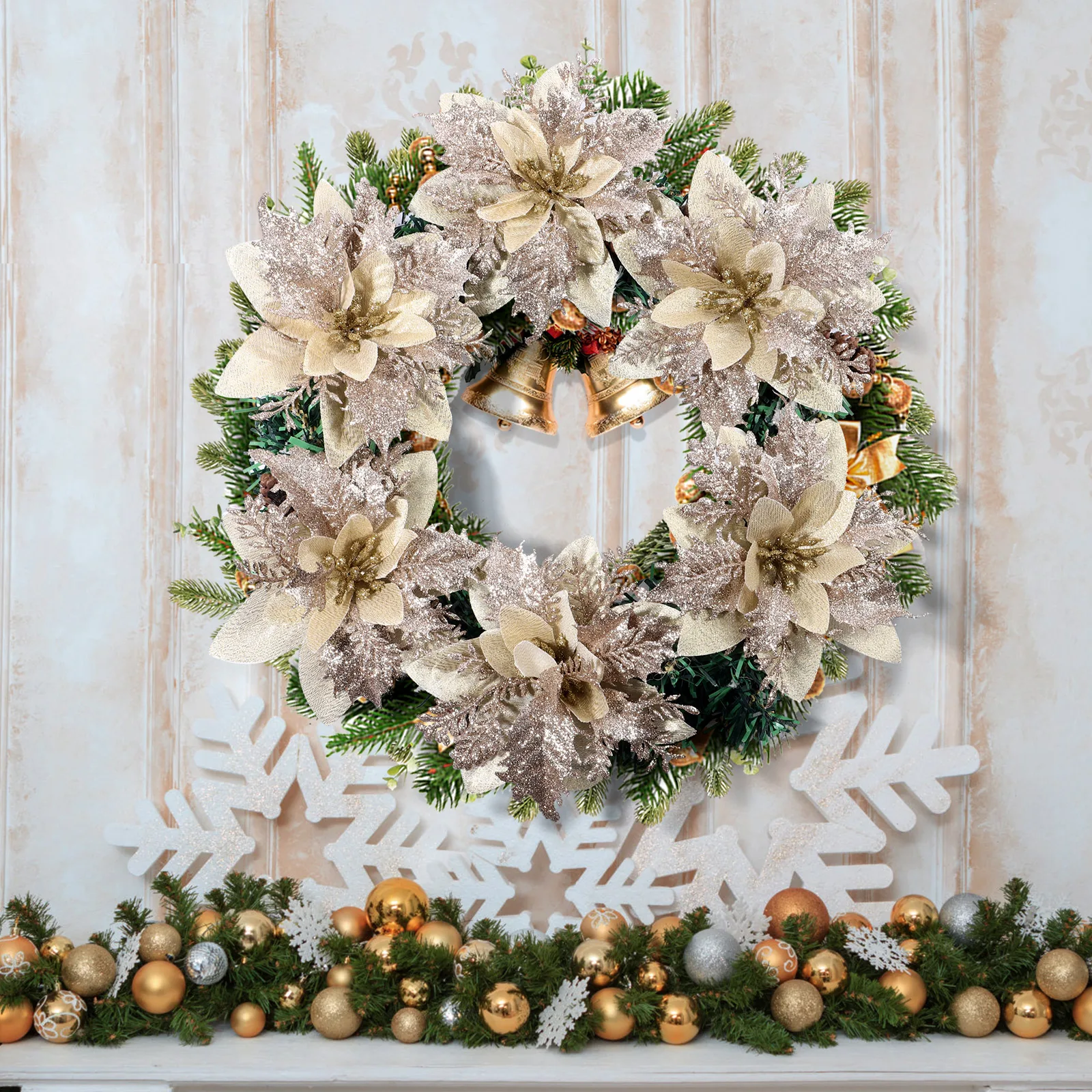 

12pcs Christmas Decoration Flowers Glitter Red Poinsettia Artificial Craft Ornaments for Tree Garland Home Party Wedding Stage
