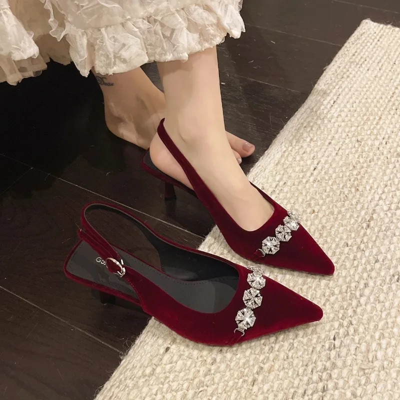 

French Flannelette Wrapped Head High Heel Women's Summer New Rhinestone Chain Versatile Sandals