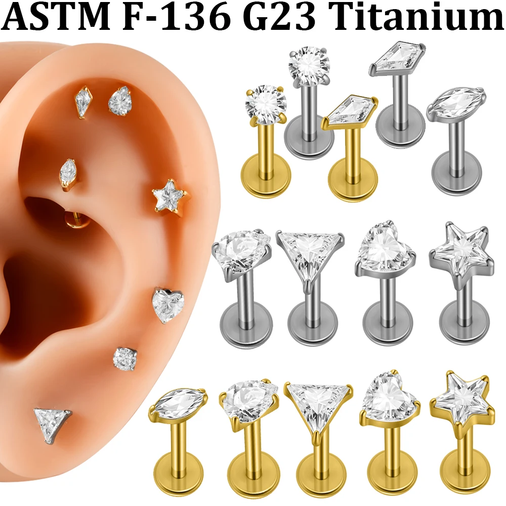 1PC G23 Solid Titanium Different Geometry CZ Paved Labret Star Heart Horseeye Zirconia Lip Ear Tragus Conch Lobe Earring Stud