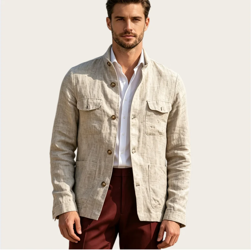 Men's Linen Suit Safari Vintage Stand Collar Breathable Multi-Pocket Lightweight Casual Blazer Business Office Tuxedo for Summer