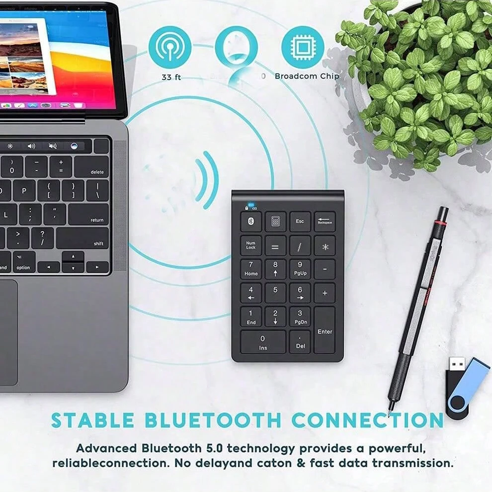 Rechargeable Bluetooth Wireless Numeric Keypad for Windows/Mac OS,Portable Slim 22-Keys External Mini Numpad Keyboard-Black