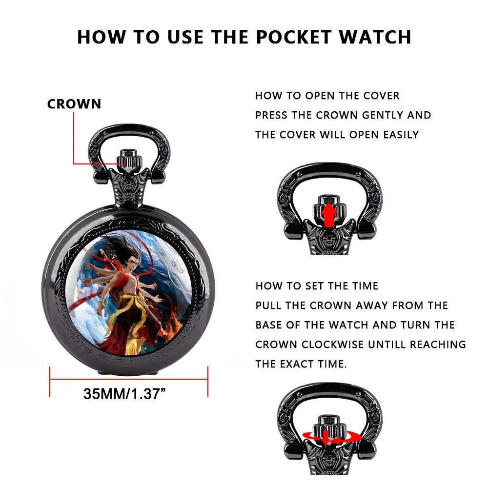 Nezha 2 Hot New Movie Anime Glass Dome Pocket Watch with Chain Necklace Vintage Quartz Pendant Watches Mens Women Gift