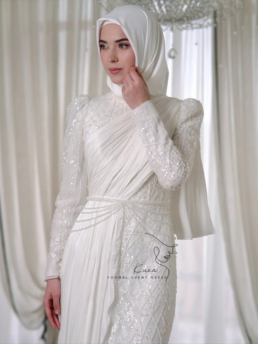 KUXA Customized Mermaid Muslim Wedding Dresses Floor-Length Shining Full Sleeves Elegant Bridal Gown For Women vestidos de novia
