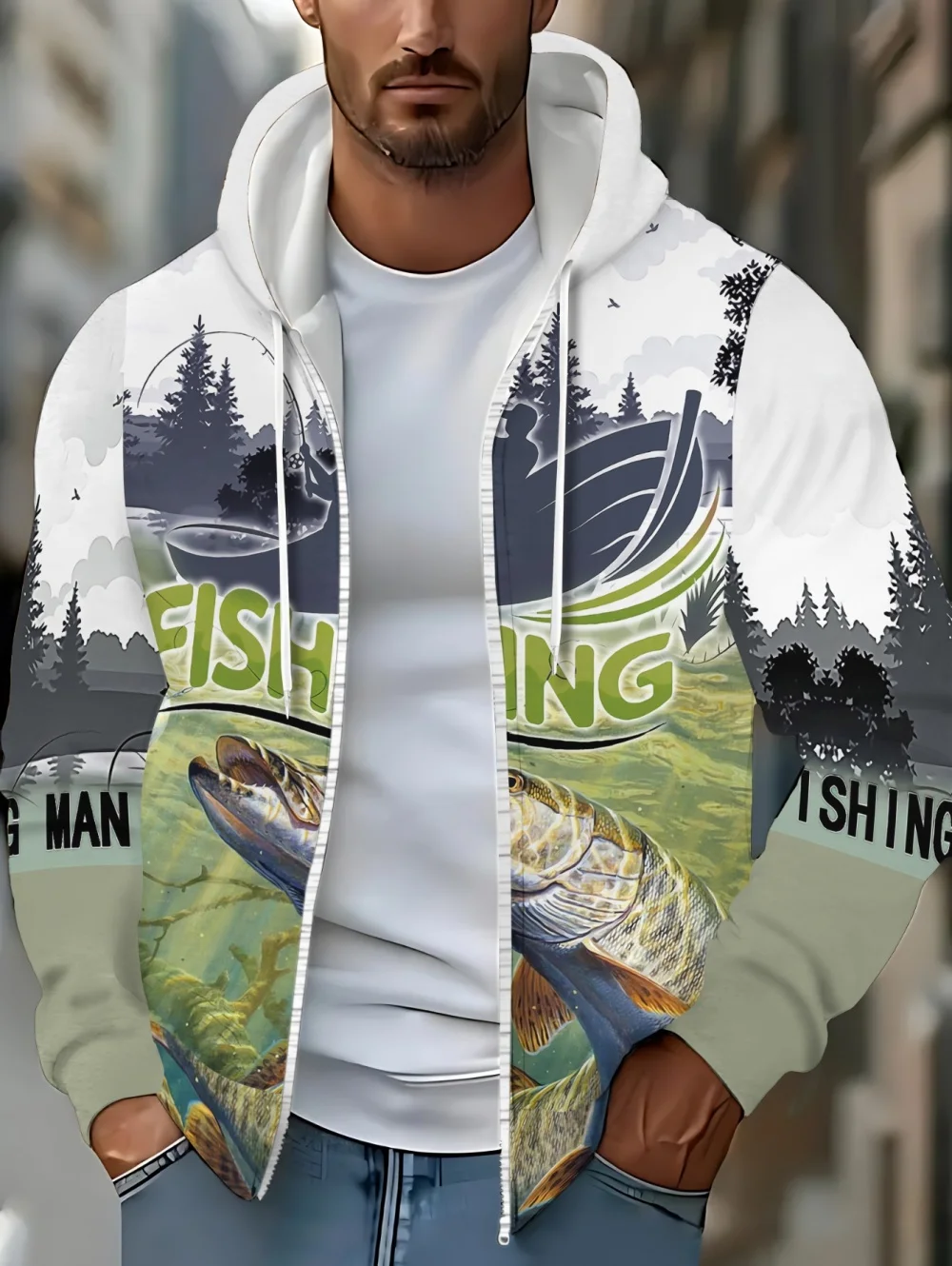Mens Lightweight Fishing Print Hooded Zip-Up Gray Polyester Outdoor Activities Casual Multicolor Oversize Men's Sweatshirt Tops