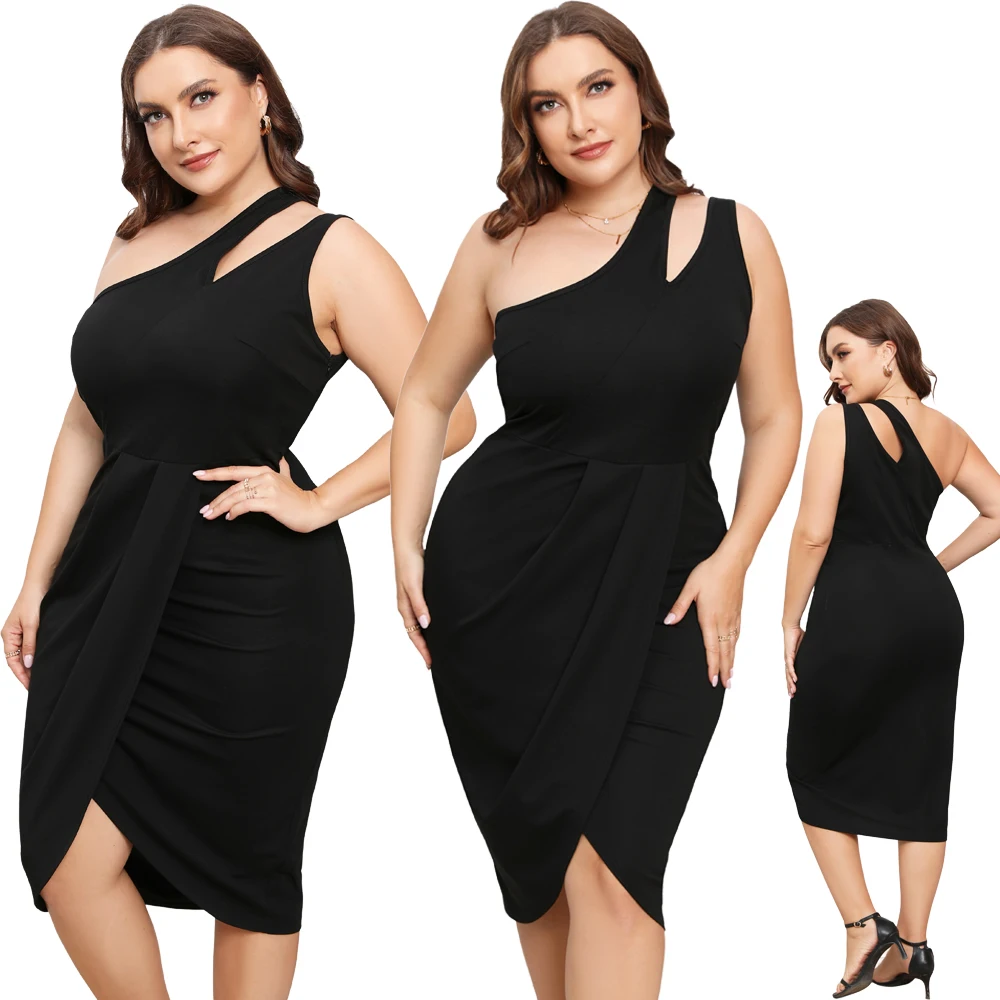 Women One Shoulder Midi Dress Sleeveless Bodycon Asymmetrical Elegant Beautiful Solid Dress Plus Size Clothing 2024