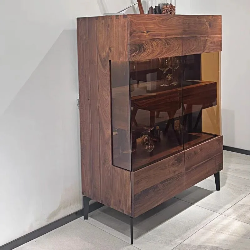 Black walnut glass side cabinet custom ash wood wine cabinet Nordic light luxury solid wood living room combination cabinet oak