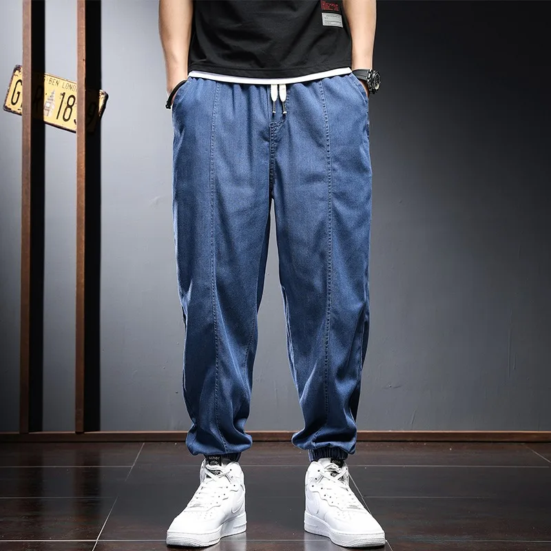 2022 Summer Thin Lyocell Jeans Men Joggers Streetwear Baggy Pencil Pants Hip Hop Casual Light Blue Elastic Waist Denim Trousers