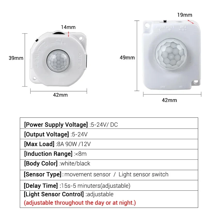 Time Adjustable 5V 12V 24V PIR Motion Sensor DC Movement Detector Activated Switch Automatic ON OFF Motion Sensor Light Switch