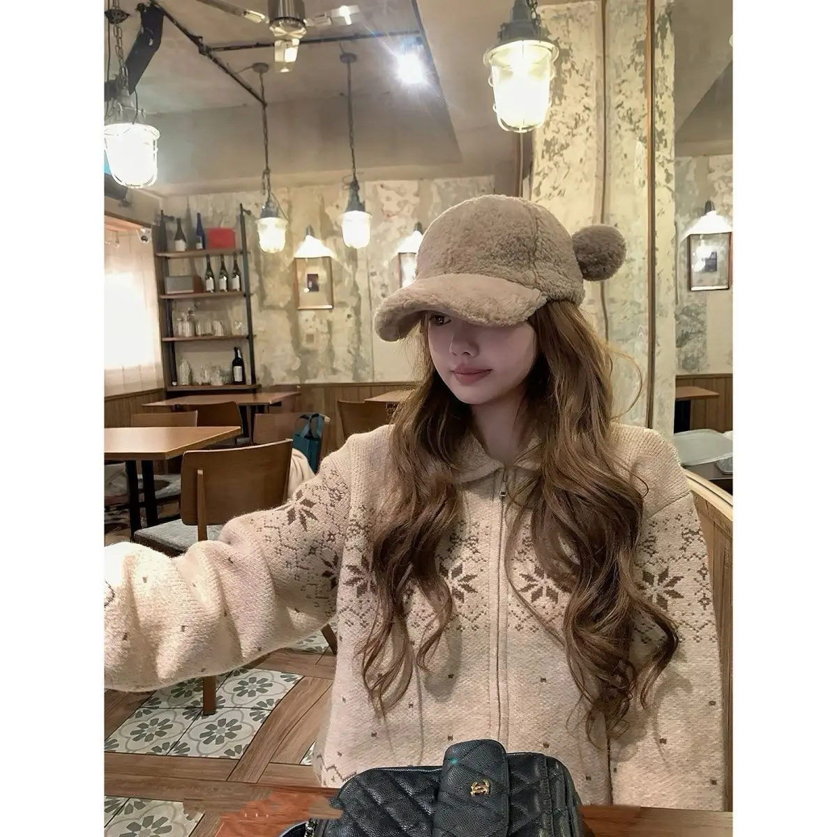Cute Winter Women Zip Knit Cardigan Peter Pan Collar with Pineapple Weave Snowflake Fair Isle Jacquard Pattern Ribbed Trim Coats